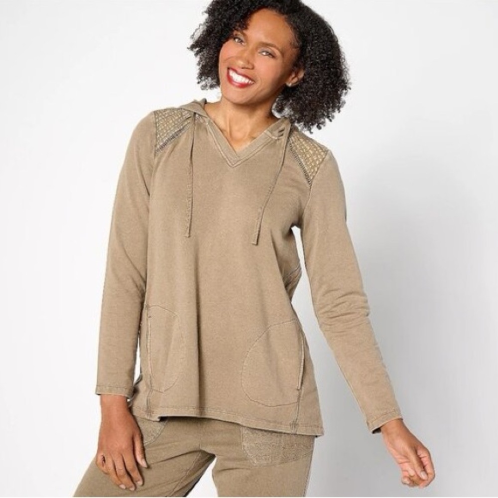 LOGO Lori Goldstein French Terry Hooded Tunic Top Medium Beige Long Sleeve